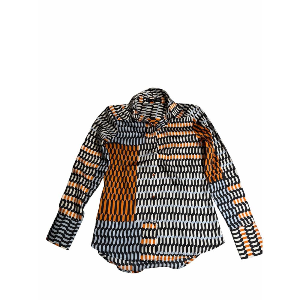 MNG Geometric Button Down Maximallist Illusion Brain Teaser Top Orange XXS